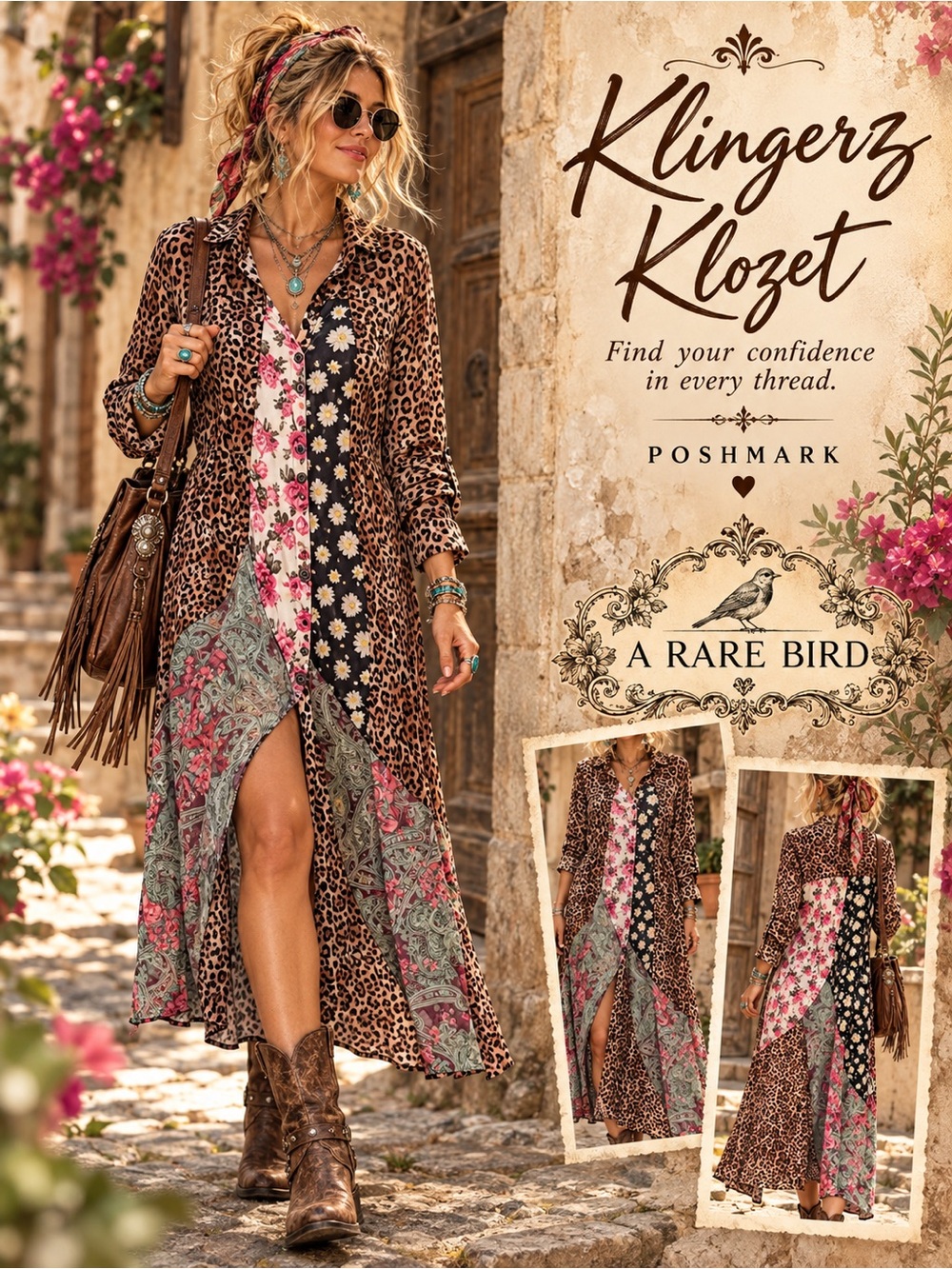 A Rare Bird S/M Leopard Floral Paisley Patchwork Rayon Maxi Shirt Dress